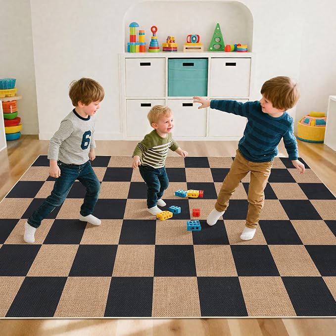 GarveeHome Easy Jute Area Rugs 6x9 for Living Room Non-Slip Backing Checkered Rugs Machine Washable Modern Indoor Outdoor Carpets for Dining Room Nursery Patio Bedroom Backyard Camping Black Tan
