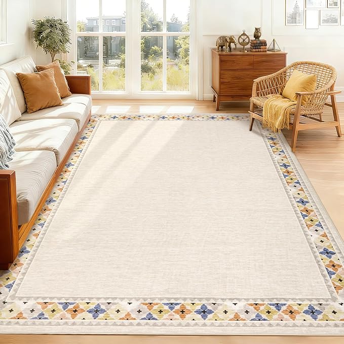 Garvee 8x10 Tribal Border Washable Rugs for Living Room Bedroom Rug, Beige | Floral Border Area Rug Stain Resistant Easy Cleaning Throw Rugs Low Pile Floor Cover for Nursery Dining Room Apartment