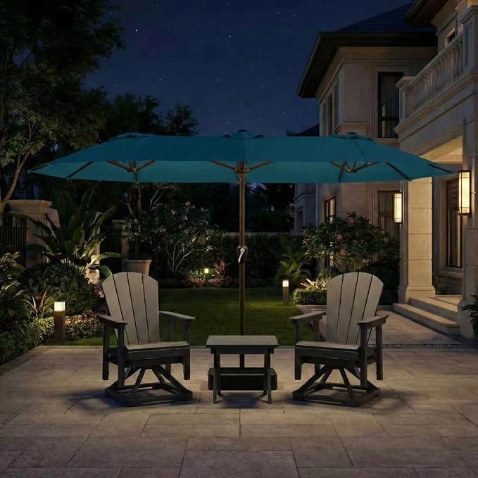 15FT Large Patio Umbrella with Base Included, Double Sided Outdoor Market Umbrella with Flexible Fiberglass Ribs, UV-Blocking Extra Large Umbrella for Garden, Pool, Deck, Lake Blue