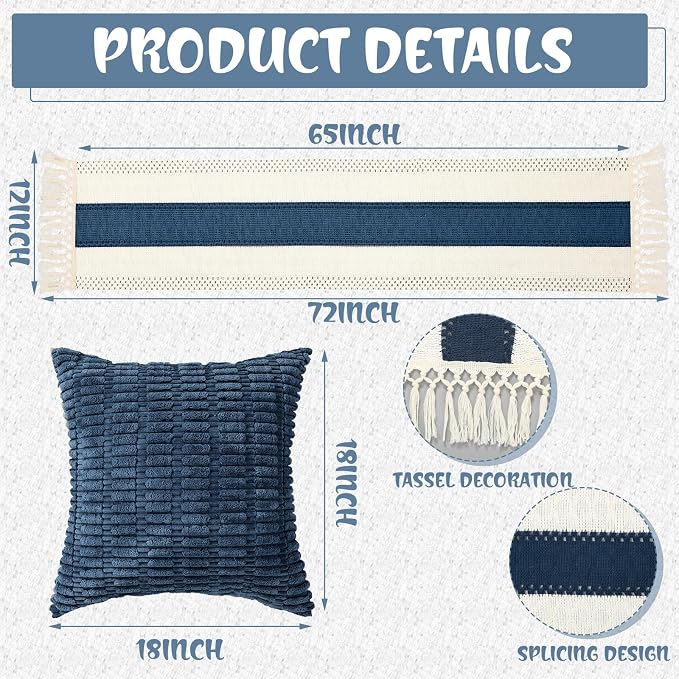Beeveer Extra Large Outdoor Boho Picnic Blanket 91'' x 71'' Blue Table Runner 6 Throw Pillow Cover Woven Cotton Yarn Oversize Beach Blanket Washable for Picnic Camp Wedding