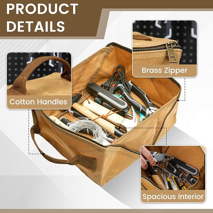 Canvas Tool Bag, Zippered Tool Pouch with Handle, 16 OZ Waxed Canvas Tool Storage Organizer | 2-Pack | 9.5"L x 10.5"W x 5.5"H (Opened) - Khaki