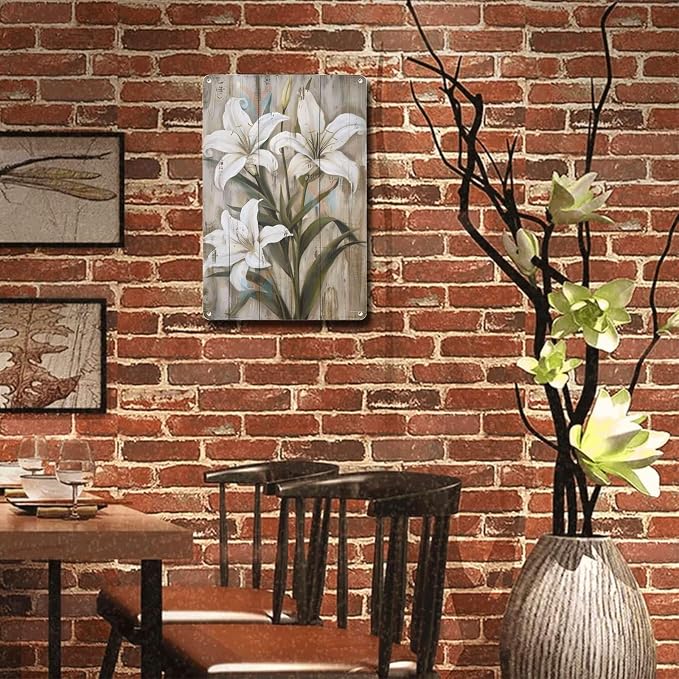 Metal Sign Tin Sign Vintage Wall Art Rustic Charm Lilies Tin Sign for Easy Installation Weather Resistant Design and Vintage Aesthetic Inspirational Wall Art for Bar 12×16 Inches