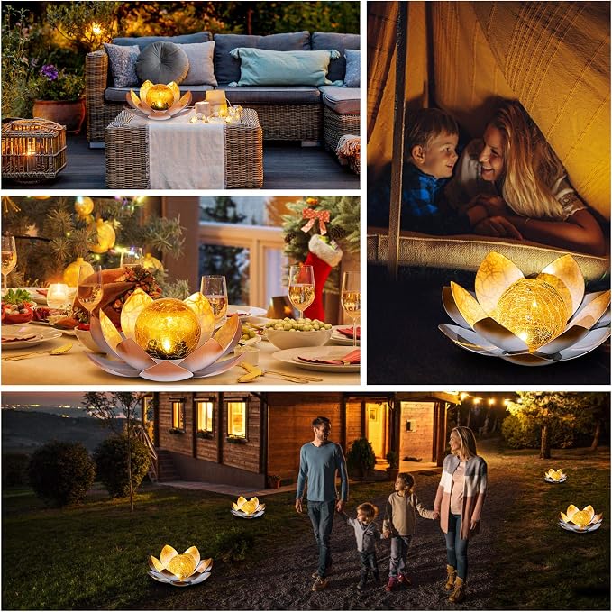 AIINY Garden Solar Lights Outdoor(2Pack), Amber Crackle Globe Glass Lotus Decoration, Waterproof Orange Metal LED Flower Lights for Patio,Lawn,Walkway,Tabletop,Ground, Garden Gifts for Women