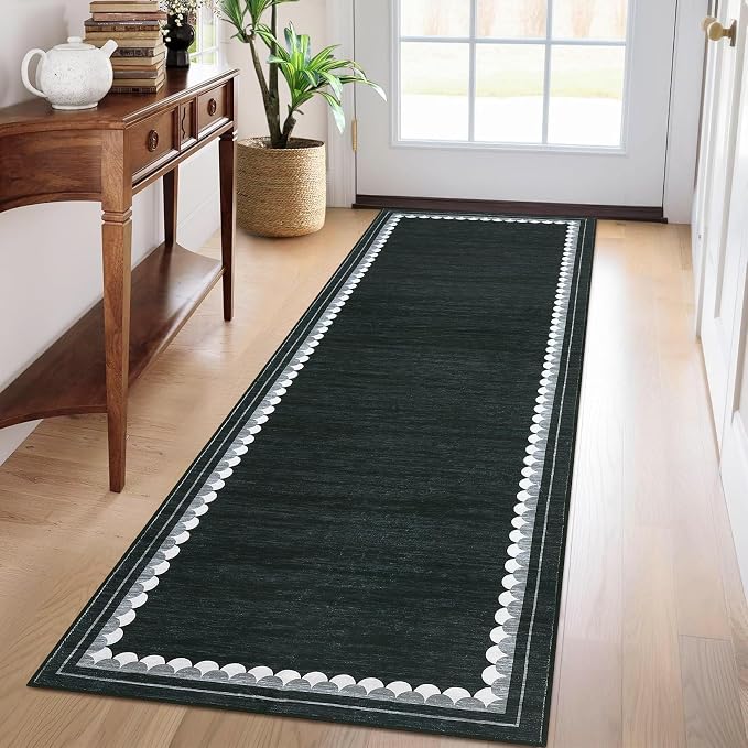 COZYLOOM Kitchen Runner Rug 2x6 Washable Rugs for Bedroom Modern Bordered Non Slip Low Pile Area Rug Stain Resistant Non Shedding Neutral Carpet Foldable Thin Mats for Entryway, Hallway, Black