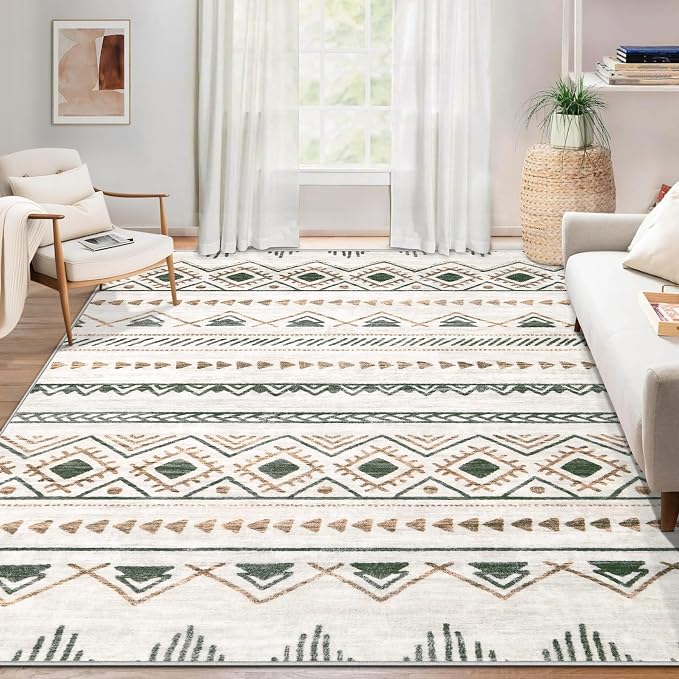Area Rug for Living Room 9x12: Large Washable Boho Moroccan Rugs Geometric Neutral Rug, Non-Slip Foldable Morden Farmhouse Indoor Floor Carpet for Bedroom Dining Table Home(Brown Green,9'x12')