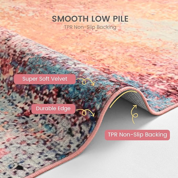 Toneed Washable 2x6 Non-Slip Abstract Runner Rug for Hallway Kitchen | Soft Modern Low Pile Area Rugs for Bedroom Laundry Living room,Indoor Carpet for Bedside Home Decor, Galaxy Pink