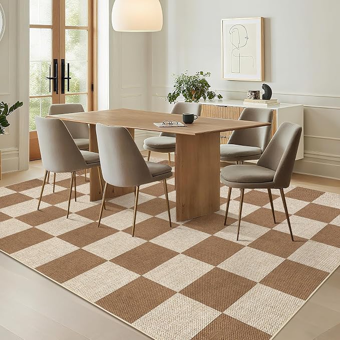 GarveeHome Easy Jute Area Rugs 6x9 for Living Room Non-Slip Backing Checkered Rugs Machine Washable Modern Indoor Outdoor Carpets for Dining Room Nursery Patio Bedroom Backyard Camping Brown