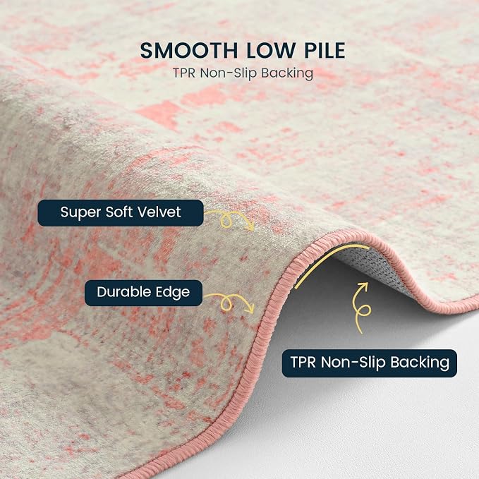 Toneed Washable 2x6 Non-Slip Runner Rug for Hallway Kitchen, Pink Grey | Abstract Soft Modern Low Pile Area Rugs for Bedroom Laundry Living room,Indoor Carpet for Bedside Home Decor