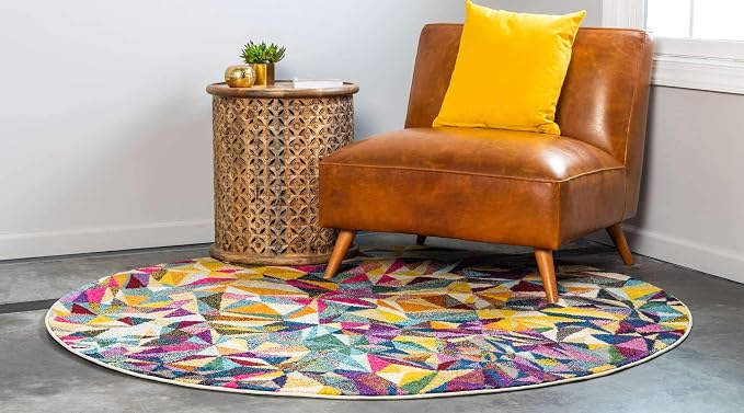 Unique Loom Estrella Collection Geometric, Triangles, Bright Colors, Abstract, Modern Area Rug (6' 0 x 6' 0 Round, Multi/Beige)