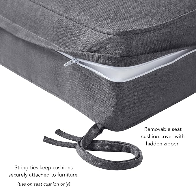 Sunbrella Deep Seat Cushion Set – Seat & Back Cushions for Patio Chairs, Sofas & Loveseats – Fade Resistant Outdoor Fabric, Ties, Zippered Cover, Cord Trim, Cast Slate