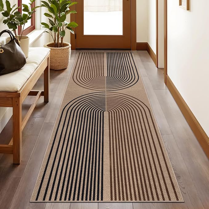 Tangsoo Rainbow Easy Jute Rug 2x6 Washable Runner for Hallways,Non-Slip Ultra Thin Dark Brown Outdoor Runner Carpet,Contemporary Kitchen Door Mat for Laundry Bedroom Entryway Porch