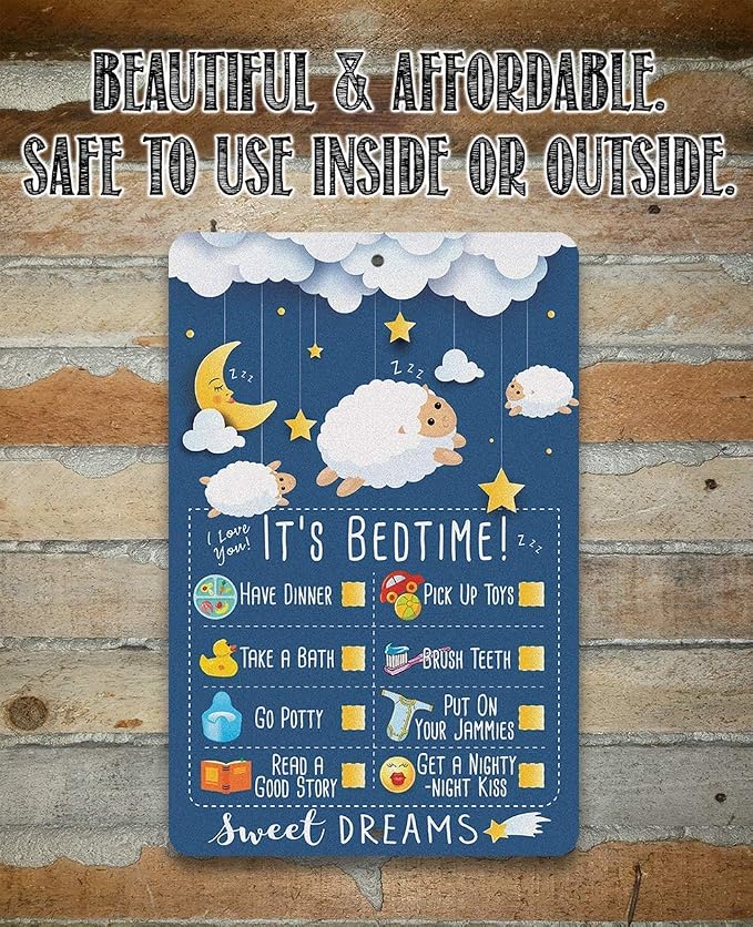 Child Bedtime - Cute Baby Room Decor, Baby Shower and Nursery Room Accessories, Good Night Moon Stars and Sheep, 8x12 Use Indoors or Outdoors Durable Metal Sign
