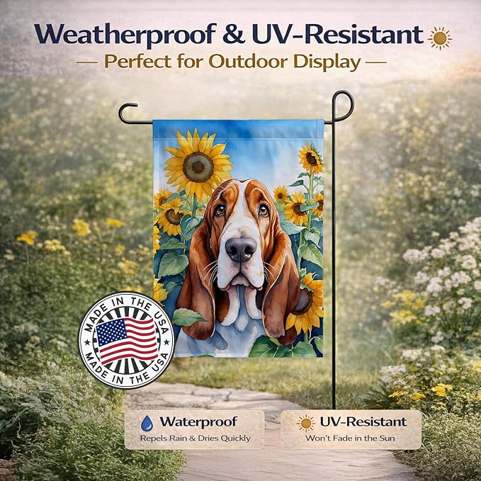 Caroline's Treasures DAC6018GF Basset Hound in Sunflowers Garden Flag Mailbox Flag Decorative Yard Flag Banner Outside Patio Artwork Yard Flower Beds, Garden Size, Multicolor