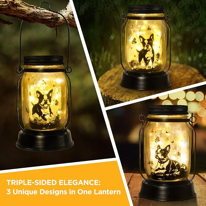 kyoryuger Boston Terrier Gifts for Women/Men Boston Terrier Solar Lanterns Mom Birthday Dog Lovers Lantern Pet Loss Dog Memorial Lights Solar Garden Decor for Yard, Patio,Backyard,Porch Torches Light