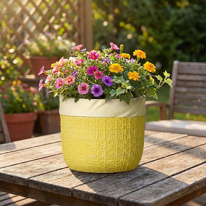 8 Inch Pots for Plants - Ceramic Planter for Indoor Plants, Round Flower Pots with Drainage Hole and Plug, Boho Decorative Plant Pot, Home Room Decor, House Warming Gifts New Home, Yellow