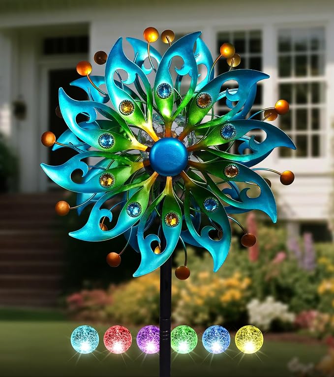 Solar Wind Spinners Outdoor, Yard Decorations Outdoor, Peacock Decor | Hand-Crafted Art,Weather-Resistant,Heavy-Duty,Whisper-Quiet Dual-Bearing,Auto-Glow Solar Crackle Ball,Stable 5-Prong Stake
