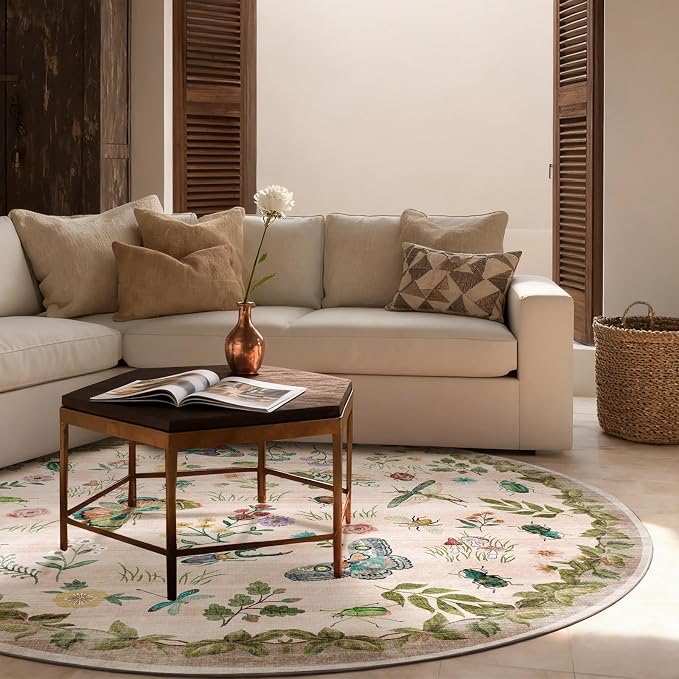Washable Round Rugs for Bedroom 4ft: Living Room Rug Stain Resistant Non Slip Low Pile Ultra Soft Faux Wool Small Circle Rugs for Kitchen Entryway Bathroom Nursery Dorm Home Office Entrance Indoor