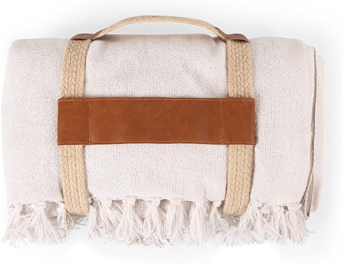 Picnic TIME Montecito Picnic Blanket with Harness, Large 60" x 70" Outdoor Blanket, Woven Cotton Top with Water-Resistant Poly Duck Backing, Sandproof Beach Mat for Camping & Travel (White & Taupe)