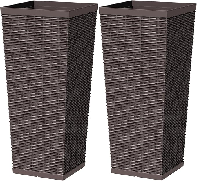 Greesum 30 Inch Tall Plastic Planters (Set of 2), Extra Large Outdoor Flower Pots with Detachable Inner Pot & Drainage Holes for Large Plants, Trees, Patio, and Garden, Brown