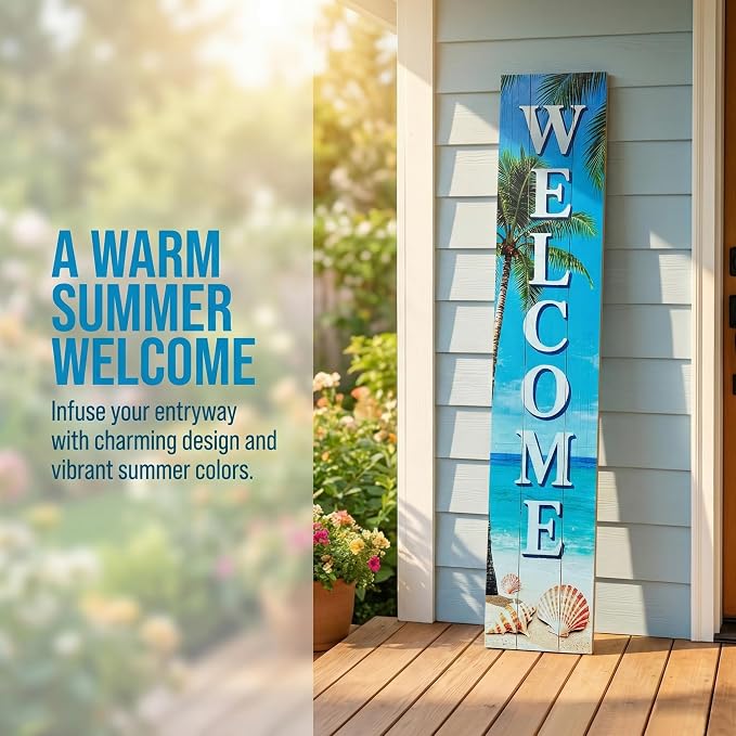 Vertical Wood Welcome Sign for Front Porch Vertical Decorative Sign Front Door Outdoor Indoor Welcome Sign 47.2x7.8 Inch Beach Shell Outdoor Decor for Welcome Front Porch Decorations.