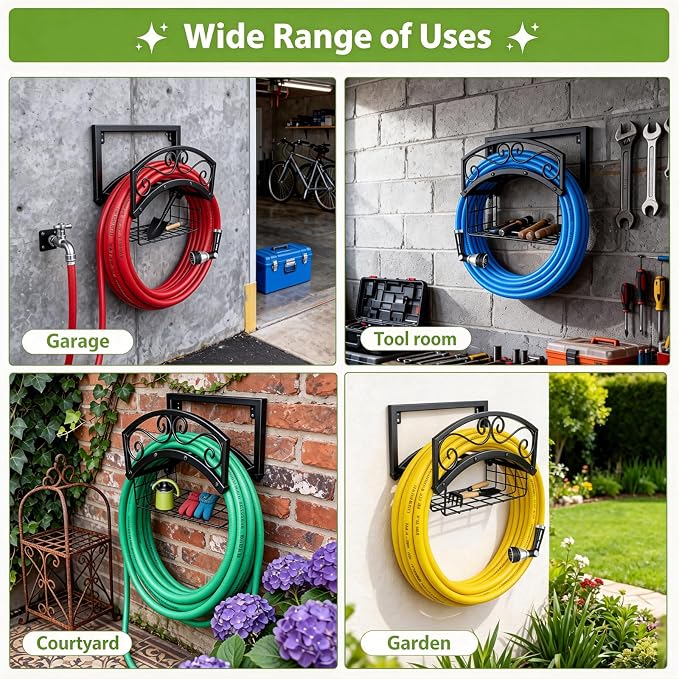 BOLITE Garden Hose Holder Wall Mount, Heavy Duty Metal Water Hose Holder with Basket for Outside, Hose Storage Holds 150FT Water Pipe for Yard, Lawn, Garden, Farm, Gifts for Women Men