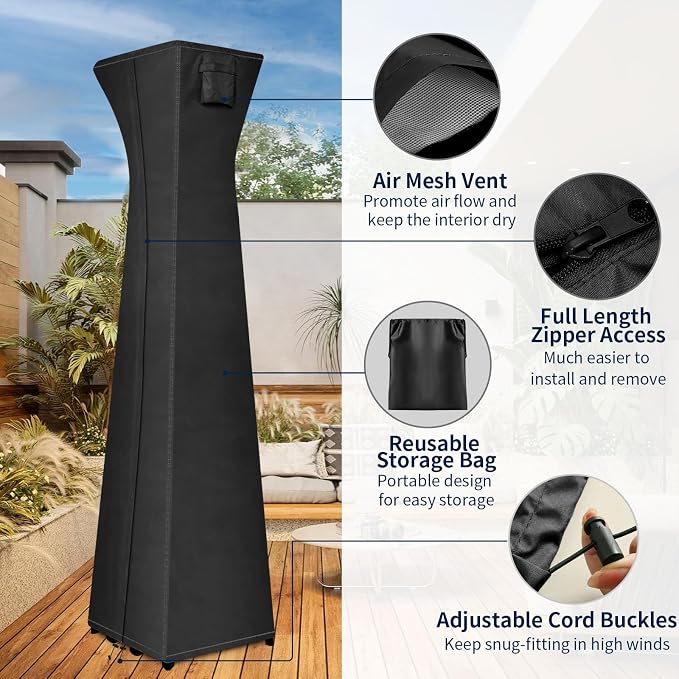 PureFit Waterproof Pyramid Torch Patio Heater Covers with Zipper, Heavy Duty Garden Windproof Heater Protector, UV-Resistant Windproof Standing Heater Covers, Black, 23”L x 23”W x 90”H
