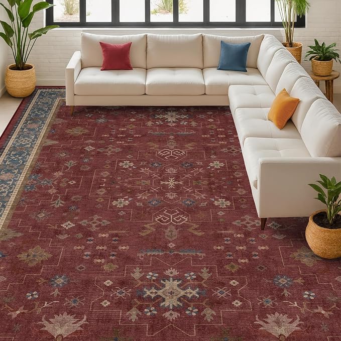 Oriental 7x10 Large Area Rugs for Bedroom Under Bed - Burgundy Rug for Living Room, Dining Room Under Kitchen Table, Washable Soft Non Slip Boho Indoor Décor