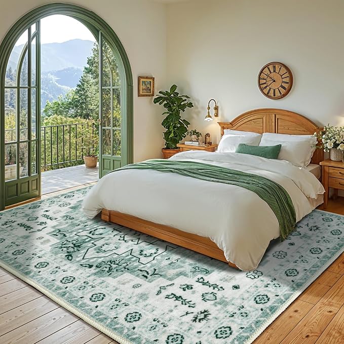 LBRO2M Machine Washable Rug Soft Pet Friendly Carpet 6X9 Green | Persian Rug 6X9 for Living Room, Bedroom, Dining Room, Home Office, Non Slip Carpet, Foldable Stain Resistant Rugs