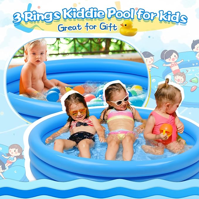Jerify 3 Pack Kiddie Pool for Toddler Kids 45 x 10 Inch Inflatable Portable Round Paddling Pool 3 Rings Blow up Rings Round Baby Padding Ball Pond for Indoor Outdoor Water Game Play (Light Blue)