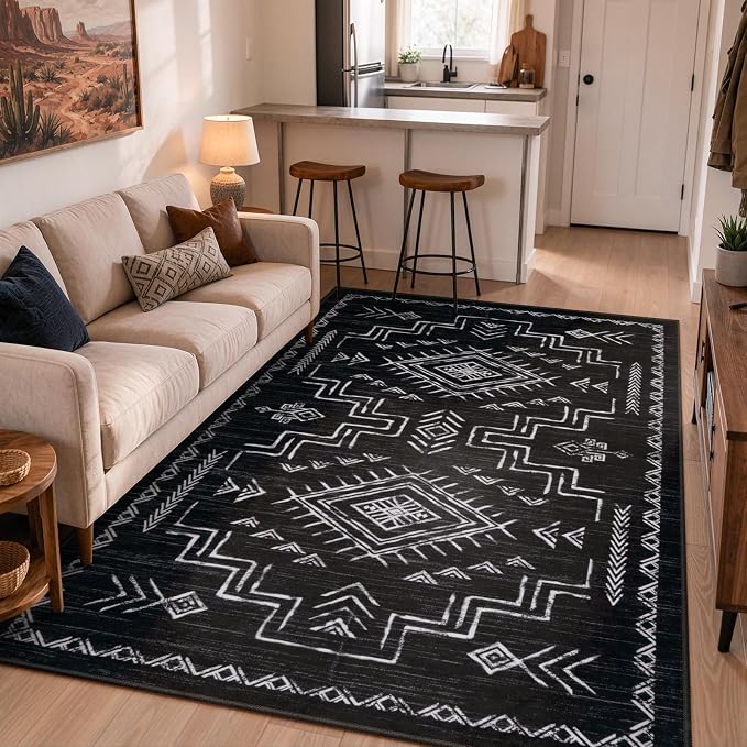 STARUIA Washable 8x10 Black and White Area Rug for Living Room, Western Aztec Tribal Moroccan Area Rug, Boys Neutral Rug for Bedroom, Non-Slip Large Carpet Under Dining Table Home Office