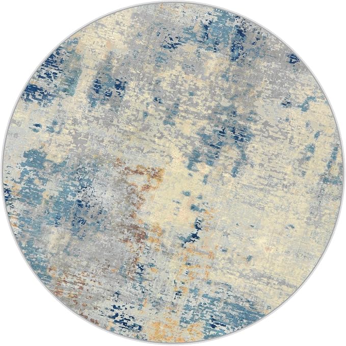 Lahome Modern Abstract Round Rug 4Ft, Blue Washable Front Door Mat Soft 4x4 Circle Rug for Entryway Bedroom Non Slip, Contemporary Indoor Floor Carpet for Living Room Sofa Bedroom Nursery Decor