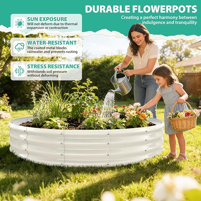 YSEJOMP 6FT Diameter Galvanized Garden Raised Bed/Plant Box/Fire Pit Ring-0.8mm Thick,12 Inch Tall,Crimped Edge and Corner,No Sharpe,Perfect for Plantings (Cream White, 72 Dia X 12 inches)