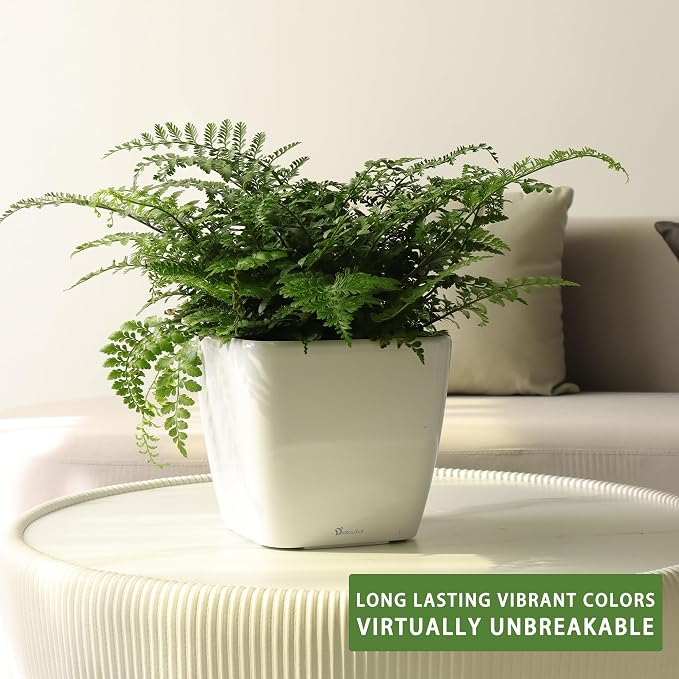 Dexceder 9x8 Self Watering Planter (White High Gloss) | Inner Mat Design, Thickened Table Flower Plant Pot with Water Level Indicator Indoor Outdoor