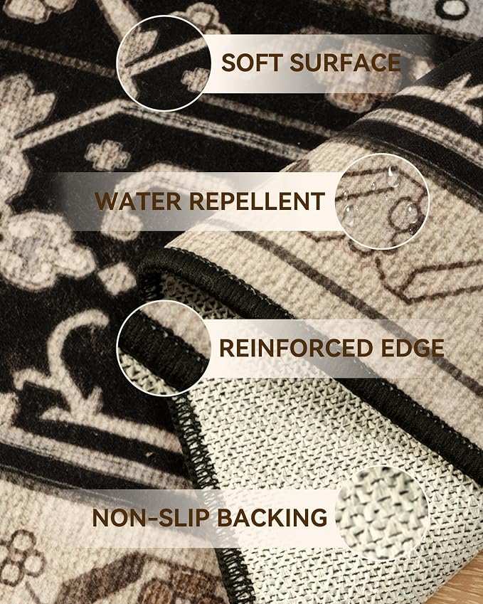 RELEANY Washable Area Rug, Runner 2'x6', Black/Neutral | Non-Slip, Water Repellent, Pet Friendly, Easy to Clean, Vintage Floral Boho Decor for Kitchen Entry Bedroom Bedside Laundry