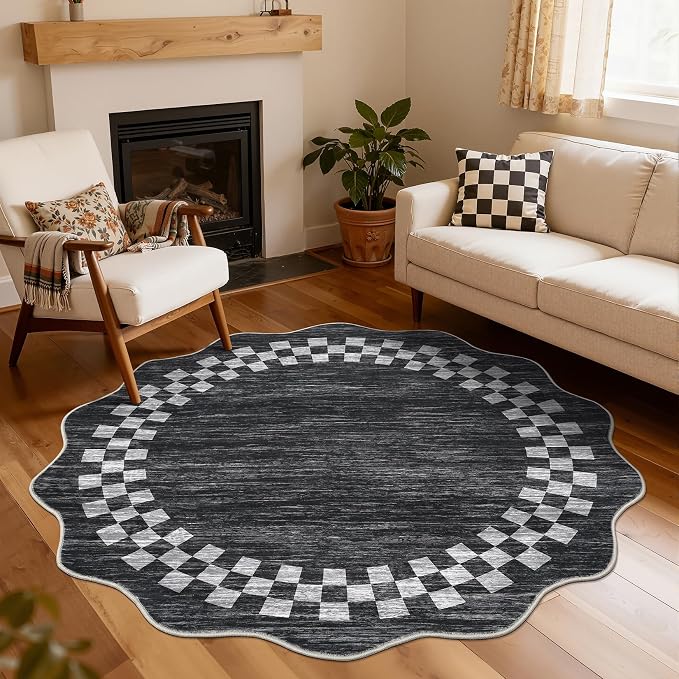 GarveeHome 6ft Washable Round Rug for Entryway Checkered Bedroom Circle Rug | Modern Non Slip Soft Dining Room Throw Carpet Large Stain Resistant Border Round Rugs for Living Room Kitchen Bathroom, Grey