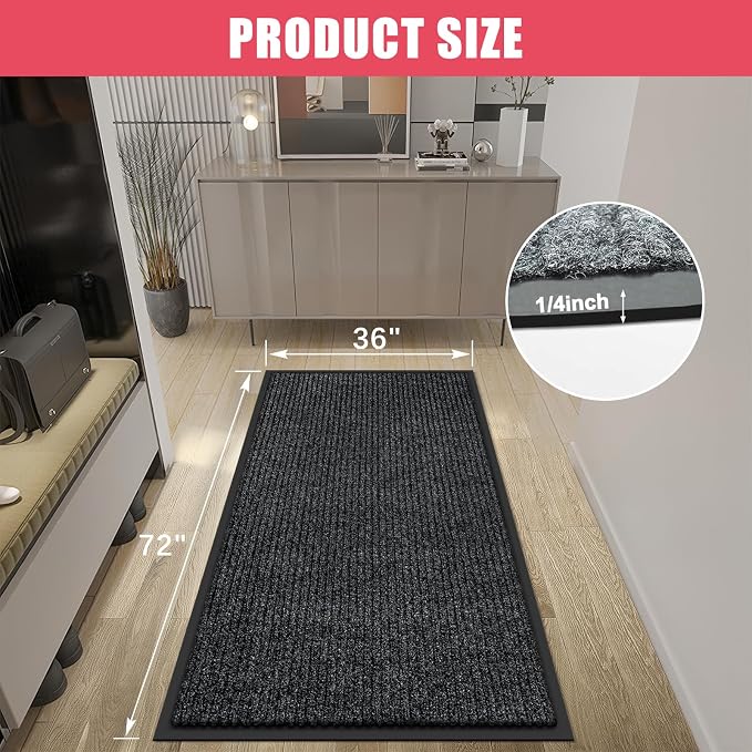 Kuyal Front Door Mat, 3'x6' Indoor Outdoor Entrance Mat, Commercial Floor Mats Inside Outside Entrance, Heavy Duty Durable Welcome, Rubber Backing Non Slip Outdoor Mats for Entryway,Black