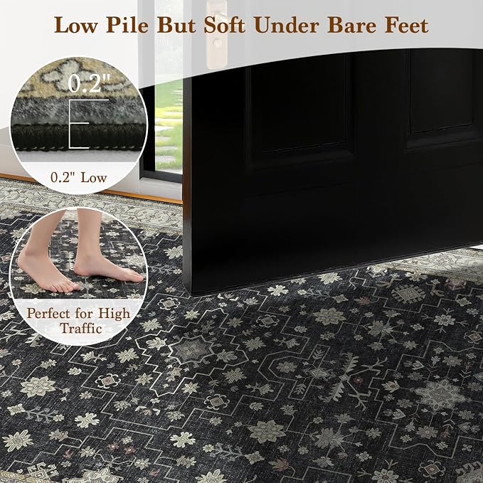 LBRO2M Machine Washable Rug Soft Pet Friendly Carpet 9X12 Black | Vintage Rug 9X12 for Living Room, Bedroom, Dining Room, Home Office, Non Slip Carpet, Foldable Stain Resistant Rugs