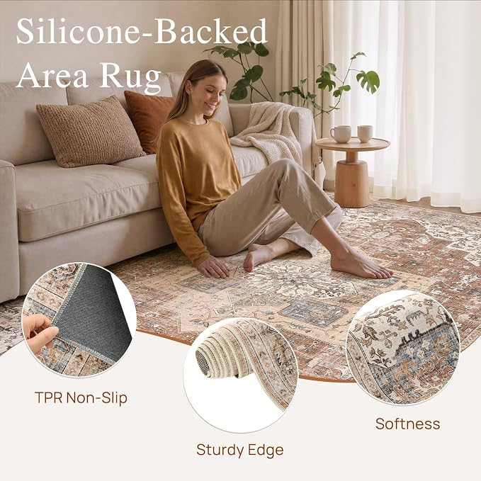DTICON Vintage Washable 12x15 Area Rug Living Room Rugs, Brick Red | Boho Distressed, Pet & Kid Friendly, Non-Slip Backing, Soft Polyester, Low-pile Carpet for Living Room, Bedroom, Dining Room