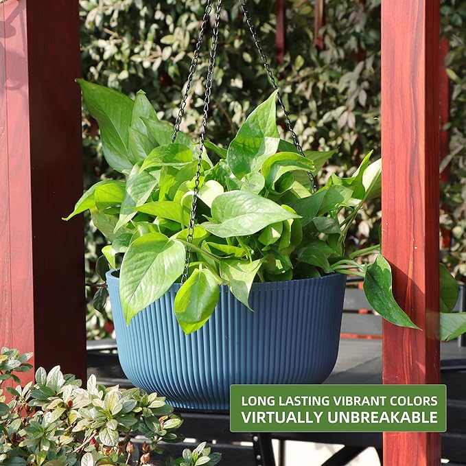 Dexceder 11.2 Inch Self Watering Hanging Planter (2 Pack, Deep Blue) | Thickened Hanging Basket Flower Plant Pot Indoor Outdoor
