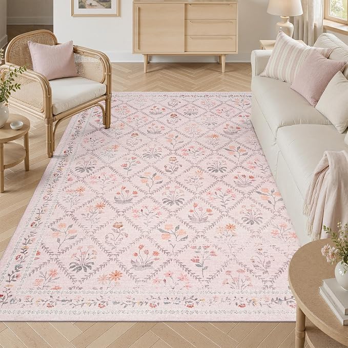 DCX Washable 5x7 Pink Floral Rug for Girls Bedroom | Soft Cottagecore Rug for Baby Girl Nursery, Non Slip Low Pile, Kid & Pet Friendly Vintage Botanical Carpet