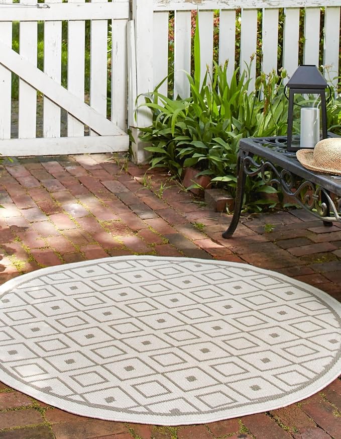 Unique Loom Outdoor Trellis Collection Area Rug - Kafes (7' 1" Round, Ivory/ Gray)