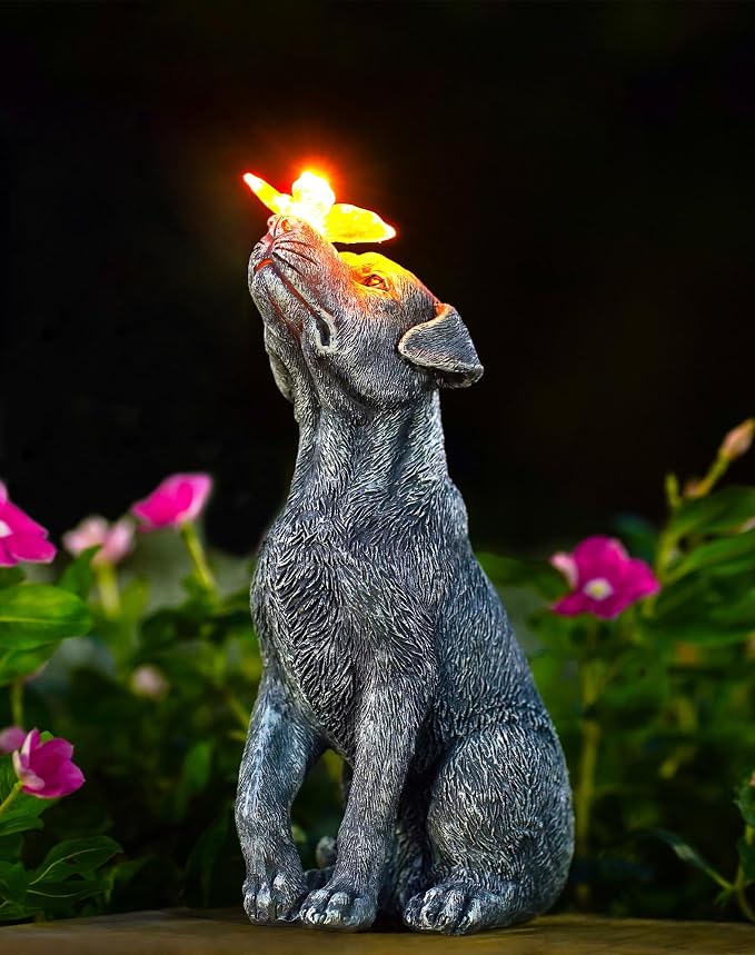 Dog Statue with Solar Butterfly Garden Decor | Ideal gifts for mom, dad or birthdays, beautifully crafted outdoor decorations to wow your guests