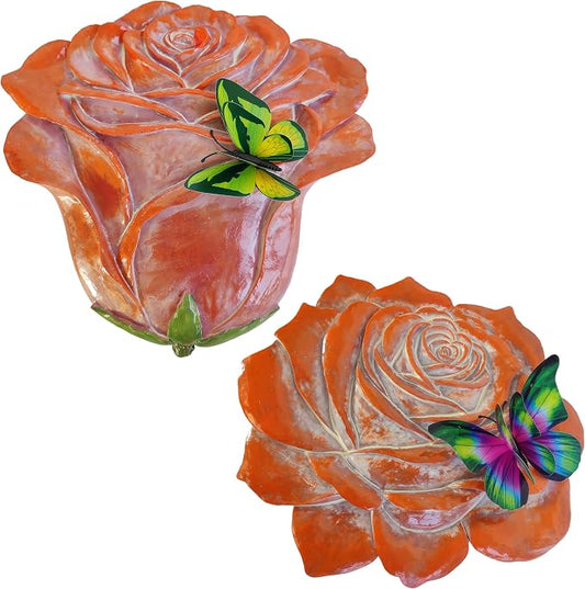 Garden Stepping Stones Outdoor Walkway – Resin Rose Flower Pavers for Path, Lawn & Backyard – Courtyard Entrance Decorative Small Statue with Artificial Flowers – Set of 2, Brown