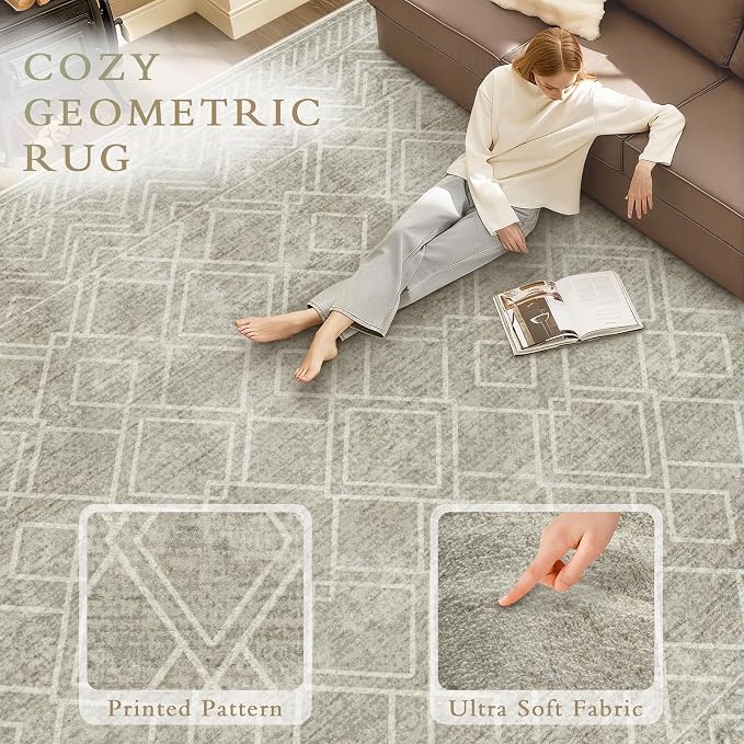 Area Rugs 9x12 Living Room Rug: Washable Geometric Moroccan Neutral Rugs Boho Modern Non Slip Area Rug Large Soft Indoor Floor Low Pile Carpet for Bedroom Dining Room Home Office (Brown, 9'x12')