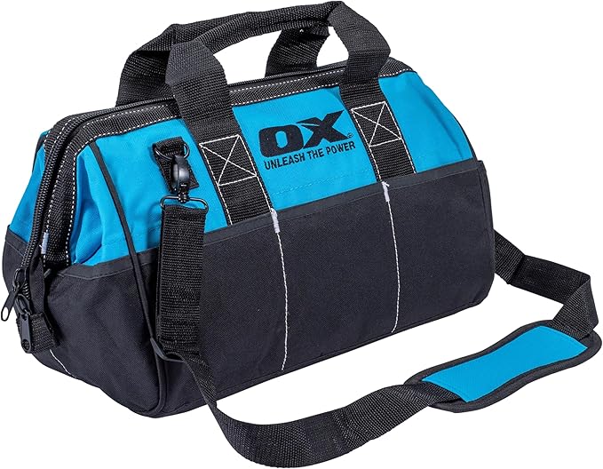 OX Pro 15-Inch Wide Mouth Tool Bag with Shoulder Strap Heavy Duty PVC Nylon with Reinforced Stitching - Bulto Para Herramientas