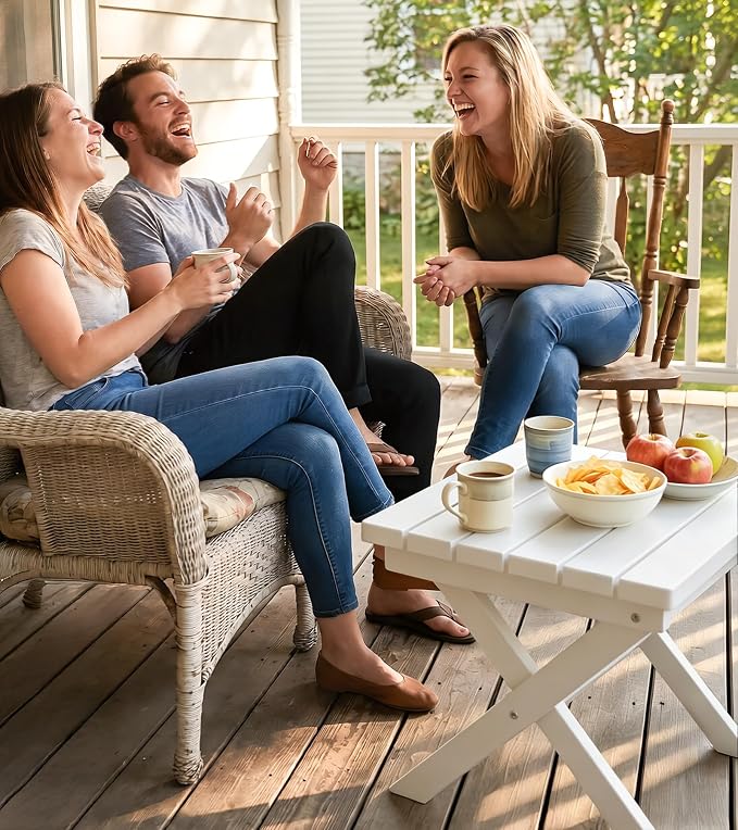 PASAMIC Folding Outdoor Side Table, HDPE Outdoor End Table, All-Weather Patio Table with 17.7" Wide Tabletop, No Assembly, for Porch, Deck, Poolside, White