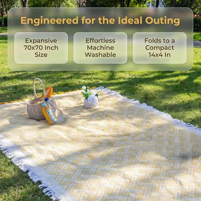 70x70 Bohemian Picnic Mat Extra Large, Sand Proof Outdoor Camping Blanket Machine Washable, Lightweight Portable Travel Tarp for 5-7 Adults Beach Park Grass (Yellow-T-Grid)