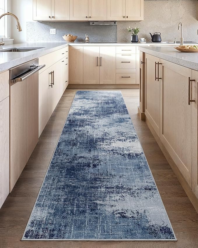 Runner Rugs for Hallway 2'6"x8', Modern Abstract Machine Washable Runners for Kitchen Entryway Bathroom Bedroom, Low Pile Lightweight Thin Non Slip Runner Rug, Dark Blue