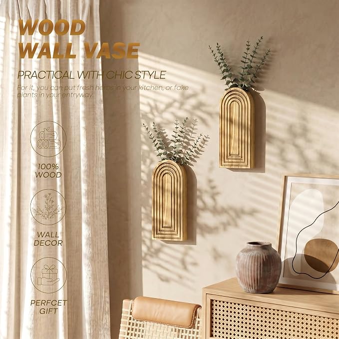 EOSAHR Pine Wall Vases Set of 2 for Boho Decor - Wall Planter for Indoor Plants & Fake Hanging Plants - Ideal Wood Vase for Living Room, Kitchen & Bedroom (Warm Yellow)