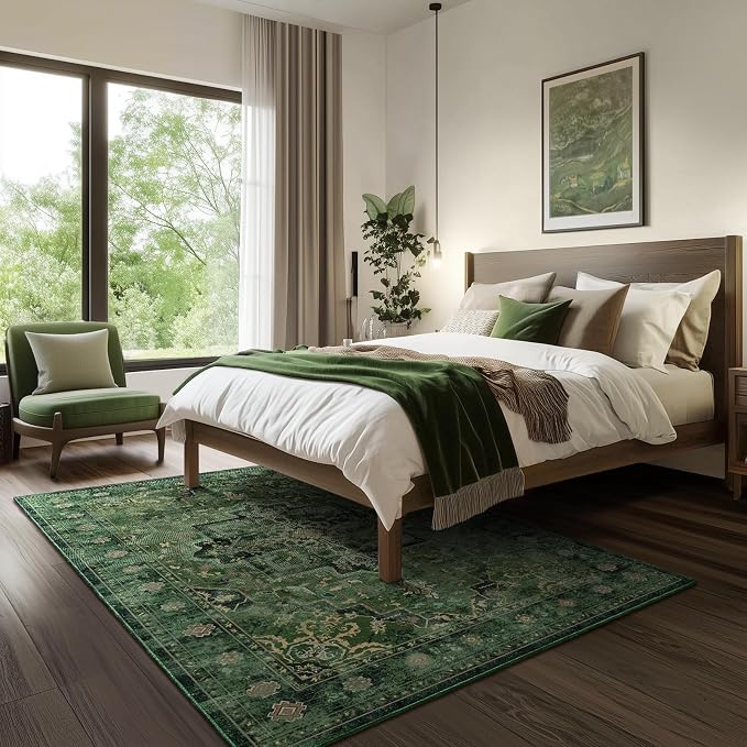 Dark Green 5x8 Area Rugs for Living Room Bedroom, Medallion Printed Vintage Distressed Low Pile Dining Room Carpet, Machine Washable Non Slip Rugs for Under Table/Kitchen/Foyer